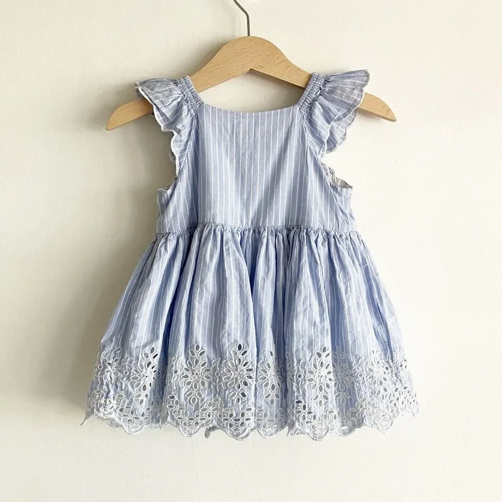 babyGap Eyelet Dress Baby Girl Size 6-12M Blue Striped Scalloped 100% Cotton